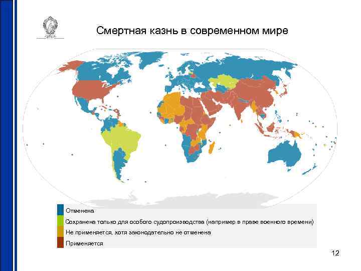 Смертная казнь в современном мире █ Отменена █ Сохранена только для особого судопроизводства (например