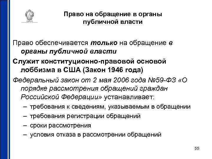 Право на обращение в органы публичной власти Право обеспечивается только на обращение в органы