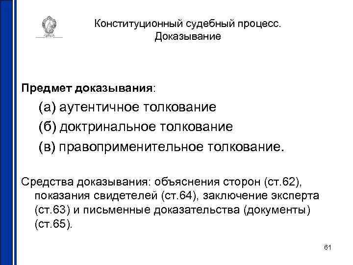 Конституционный судебный процесс. Доказывание Предмет доказывания: (а) аутентичное толкование (б) доктринальное толкование (в) правоприменительное