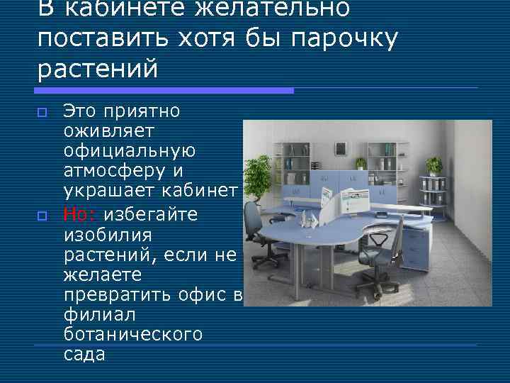 В кабинете желательно поставить хотя бы парочку растений o o Это приятно оживляет официальную