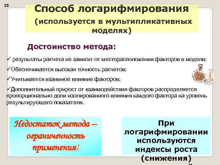 35 Способ логарифмирования (используется в мультипликативных моделях) Достоинство метода: ü результаты расчета не зависит