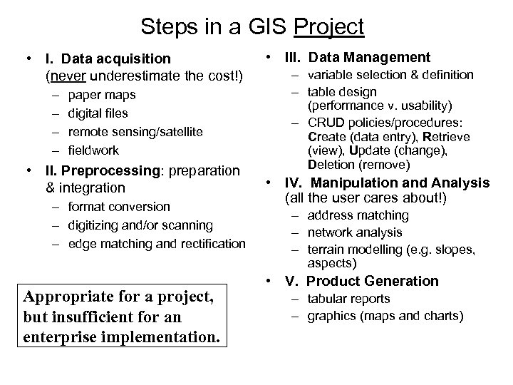 Steps in a GIS Project • I. Data acquisition (never underestimate the cost!) –