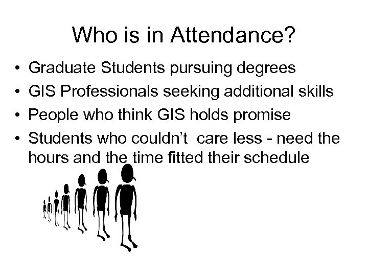 Who is in Attendance? • • Graduate Students pursuing degrees GIS Professionals seeking additional