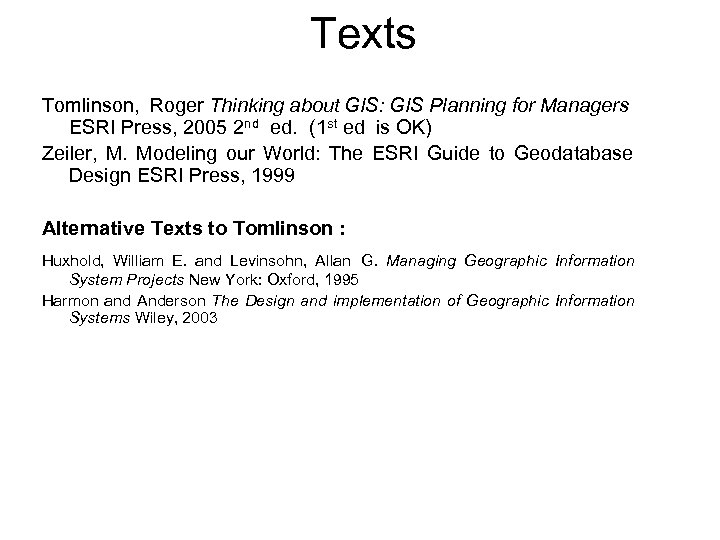 Texts Tomlinson, Roger Thinking about GIS: GIS Planning for Managers ESRI Press, 2005 2