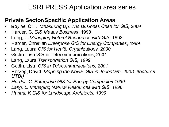 ESRI PRESS Application area series Private Sector/Specific Application Areas • • • Boyles, C.