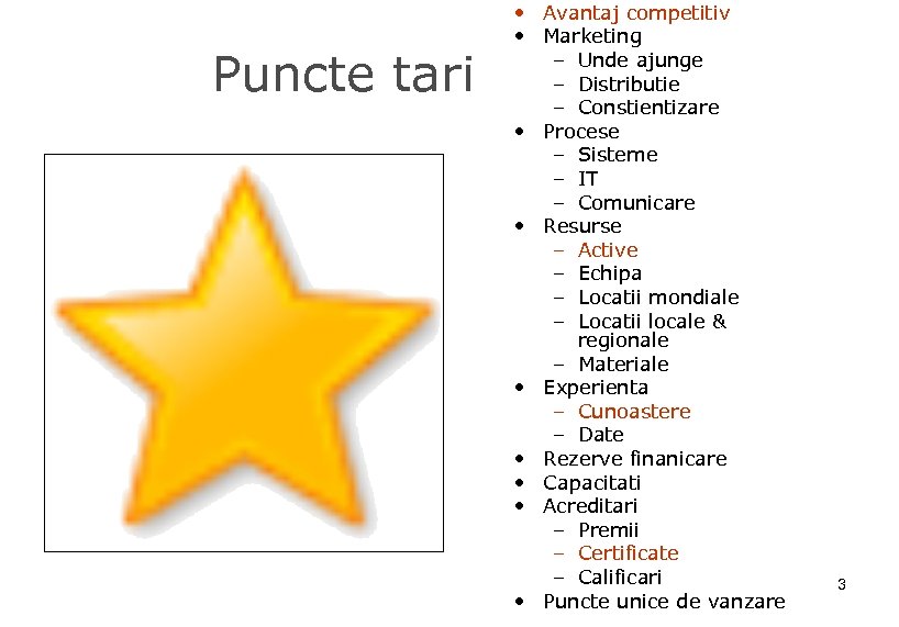 Puncte tari • Avantaj competitiv • Marketing – Unde ajunge – Distributie – Constientizare