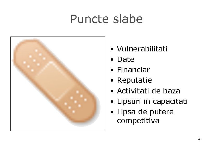 Puncte slabe • • Vulnerabilitati Date Financiar Reputatie Activitati de baza Lipsuri in capacitati