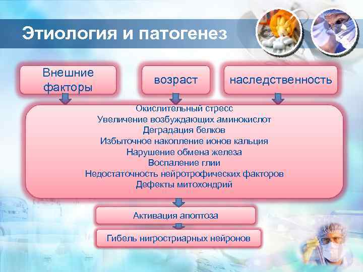 Этиология и патогенез Внешние факторы возраст наследственность Окислительный стресс Увеличение возбуждающих аминокислот Деградация белков