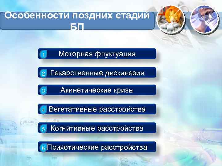 Особенности поздних стадий БП 1 Моторная флуктуация 2 Лекарственные дискинезии 3 Акинетические кризы 4