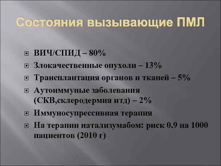 Состояния вызывающие ПМЛ ВИЧ/СПИД – 80% Злокачественные опухоли – 13% Трансплантация органов и тканей