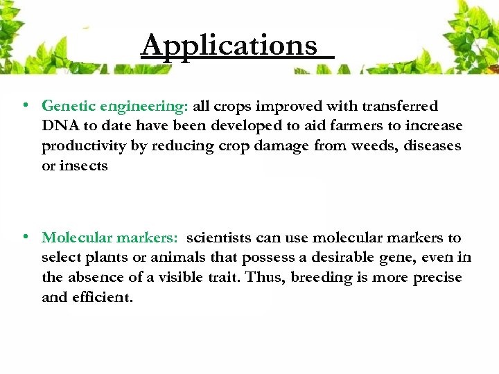 Applications • Genetic engineering: all crops improved with transferred DNA to date have been