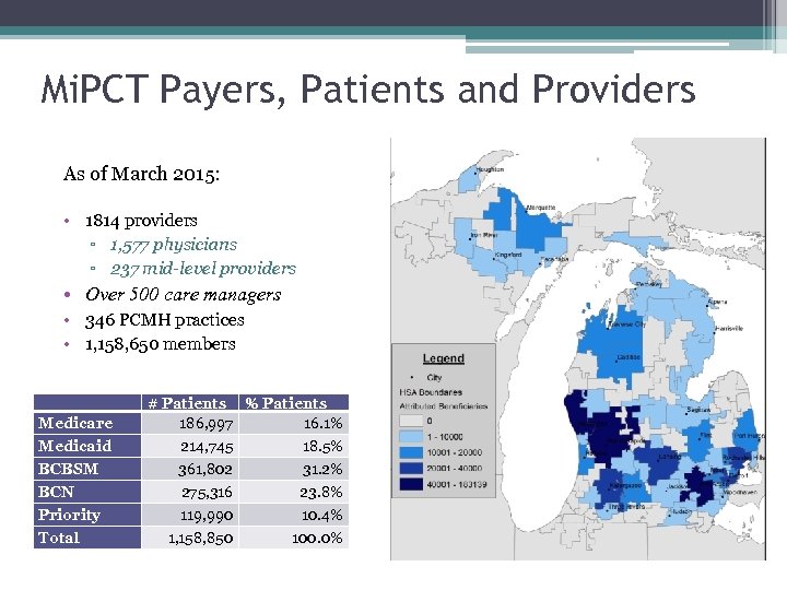 Mi. PCT Payers, Patients and Providers As of March 2015: • 1814 providers ▫