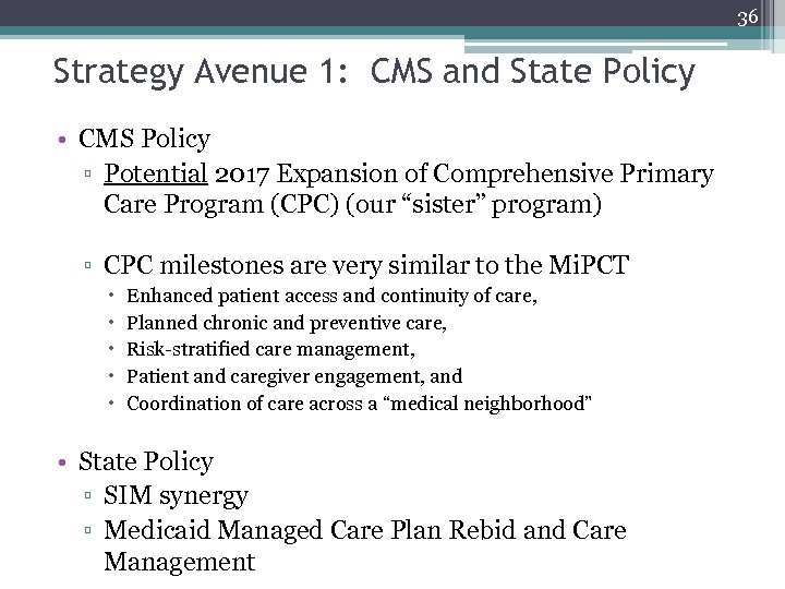 36 Strategy Avenue 1: CMS and State Policy • CMS Policy ▫ Potential 2017