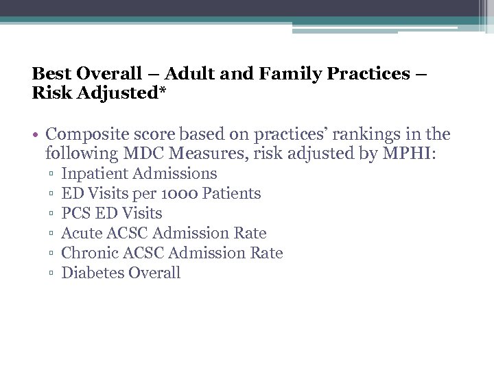 Best Overall – Adult and Family Practices – Risk Adjusted* • Composite score based