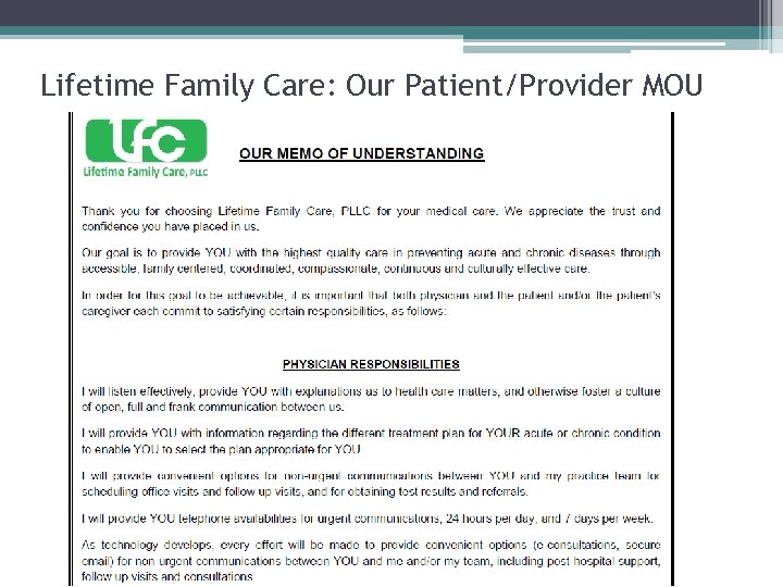 Lifetime Family Care: Our Patient/Provider MOU 