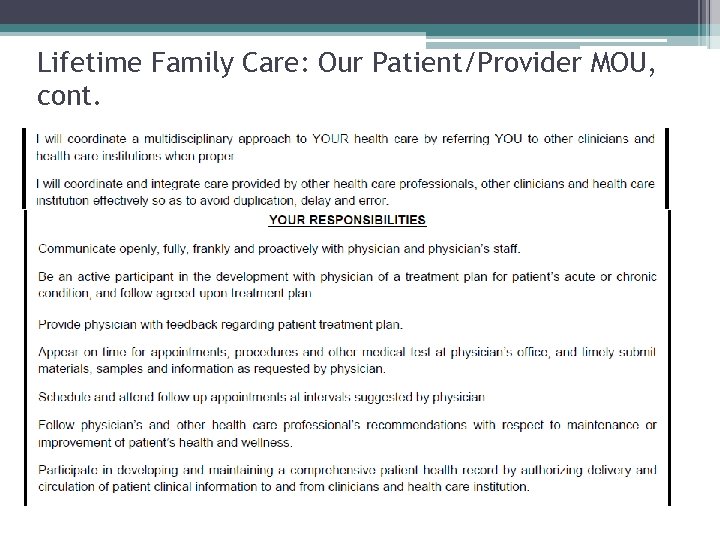 Lifetime Family Care: Our Patient/Provider MOU, cont. 