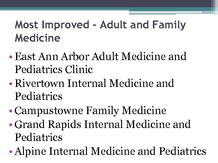 Most Improved – Adult and Family Medicine • East Ann Arbor Adult Medicine and