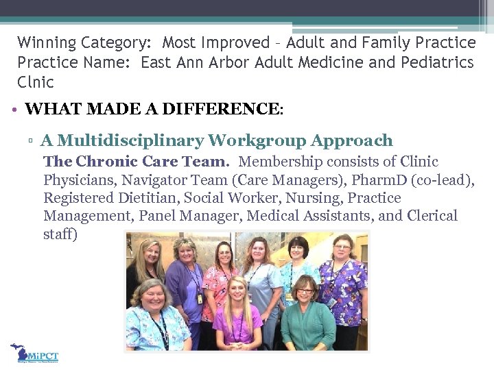 Winning Category: Most Improved – Adult and Family Practice Name: East Ann Arbor Adult