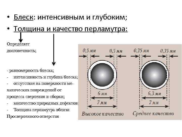  • Блеск: интенсивным и глубоким; • Толщина и качество перламутра: Определяет долговечность; -