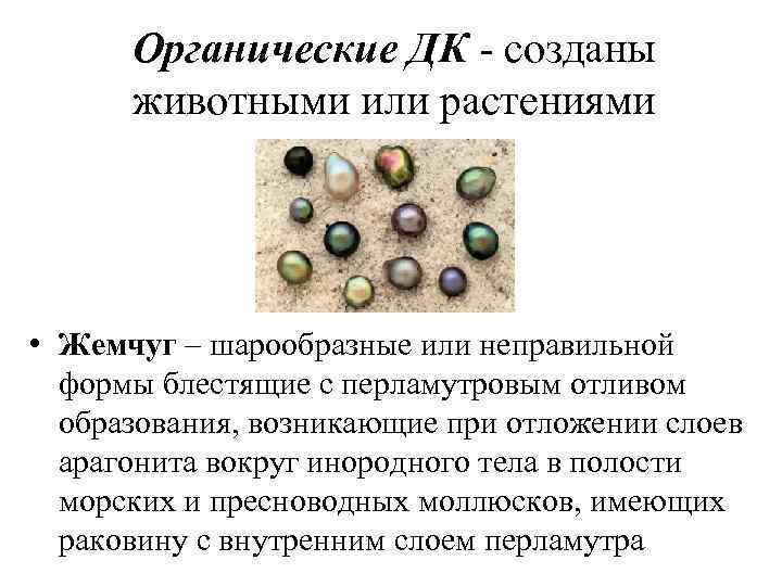 Органические ДК - созданы животными или растениями • Жемчуг – шарообразные или неправильной формы