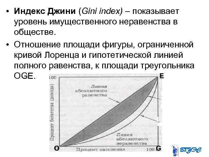  • Индекс Джини (Gini index) – показывает уровень имущественного неравенства в обществе. •