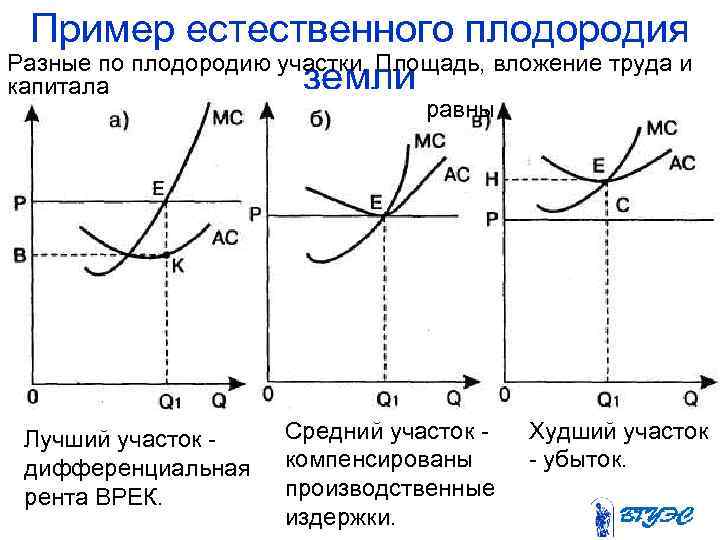 Пример естественного плодородия Разные по плодородию участки. Площадь, вложение труда и земли капитала равны.