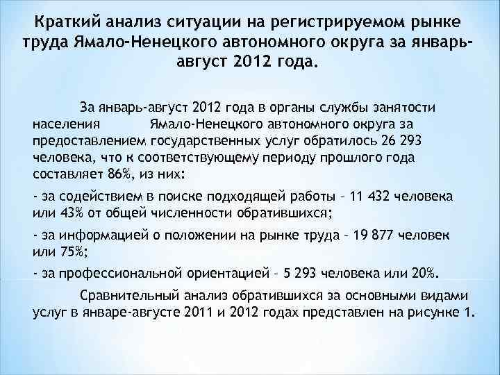 Краткий анализ ситуации на регистрируемом рынке труда Ямало-Ненецкого автономного округа за январьавгуст 2012 года.