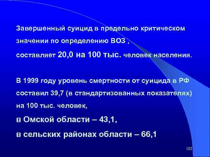 Завершенный суицид в предельно критическом значении по определению ВОЗ , составляет 20, 0 на