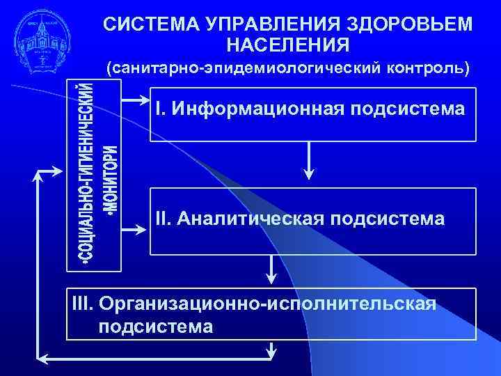 СИСТЕМА УПРАВЛЕНИЯ ЗДОРОВЬЕМ НАСЕЛЕНИЯ (санитарно-эпидемиологический контроль) I. Информационная подсистема II. Аналитическая подсистема III. Организационно-исполнительская