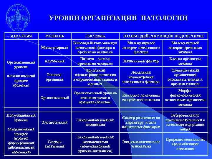 УРОВНИ ОРГАНИЗАЦИИ ПАТОЛОГИИ ИЕРАРХИЯ Взаимодействие молекул патогенного фактора и организма человека Молекулярный аппарат патогенного