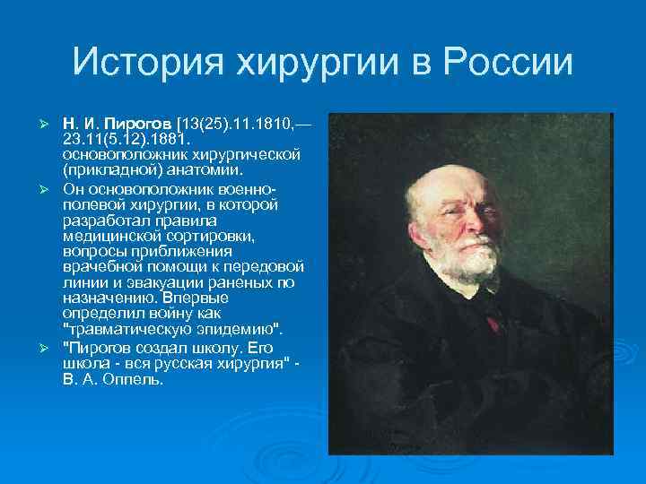 История хирургии в России Н. И. Пирогов [13(25). 11. 1810, — 23. 11(5. 12).