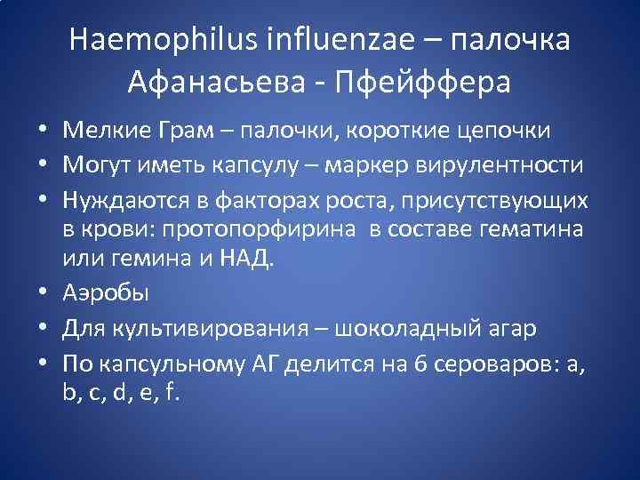 Haemophilus influenzae – палочка Афанасьева - Пфейффера • Мелкие Грам – палочки, короткие цепочки