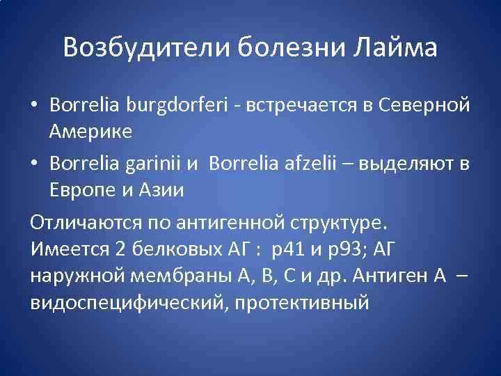 Возбудители болезни Лайма • Borrelia burgdorferi - встречается в Северной Америке • Borrelia garinii