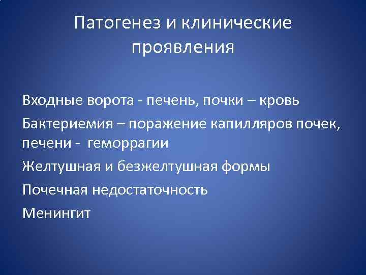 Патогенез и клинические проявления Входные ворота - печень, почки – кровь Бактериемия – поражение