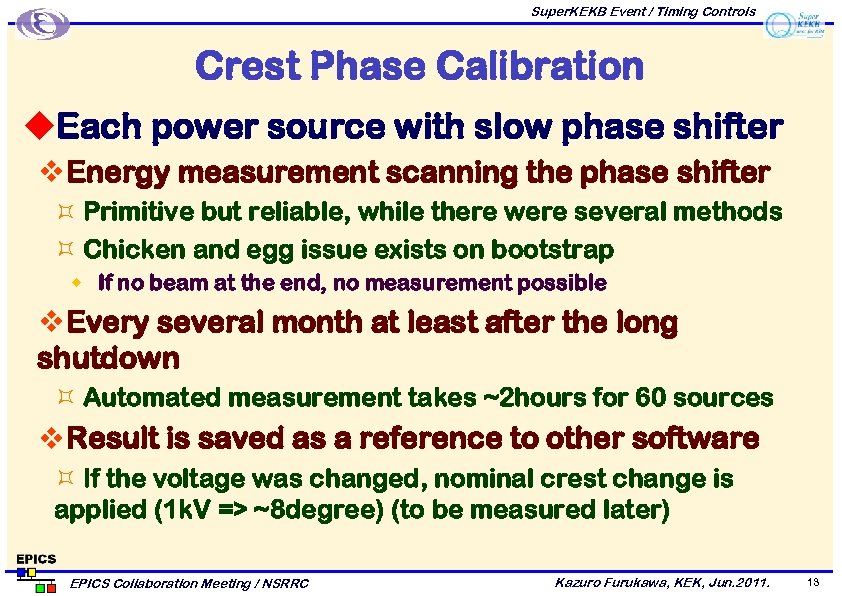 Super. KEKB Event / Timing Controls Crest Phase Calibration u. Each power source with