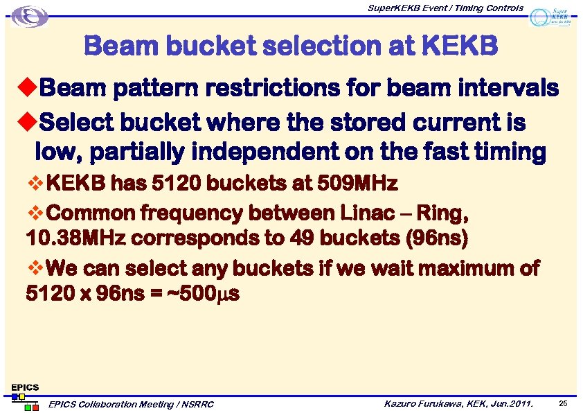 Super. KEKB Event / Timing Controls Beam bucket selection at KEKB u. Beam pattern