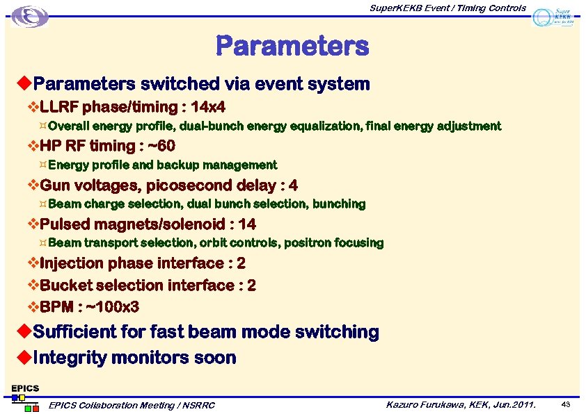 Super. KEKB Event / Timing Controls Parameters u. Parameters switched via event system v.