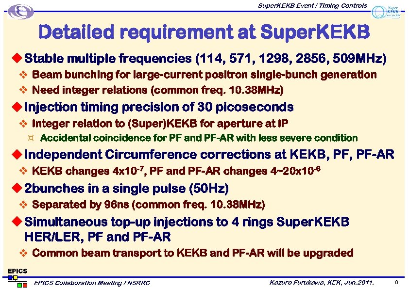 Super. KEKB Event / Timing Controls Detailed requirement at Super. KEKB u Stable multiple