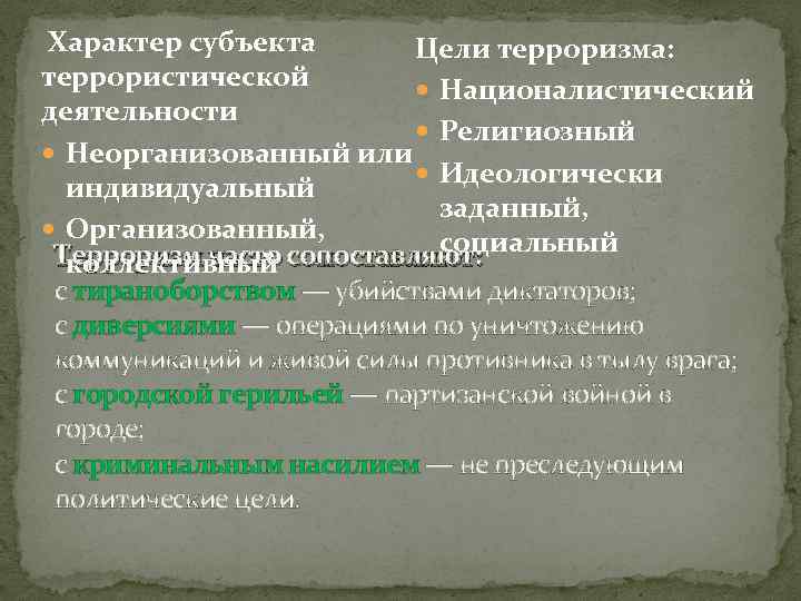  Характер субъекта Цели терроризма: террористической Националистический деятельности Религиозный Неорганизованный или Идеологически индивидуальный заданный,