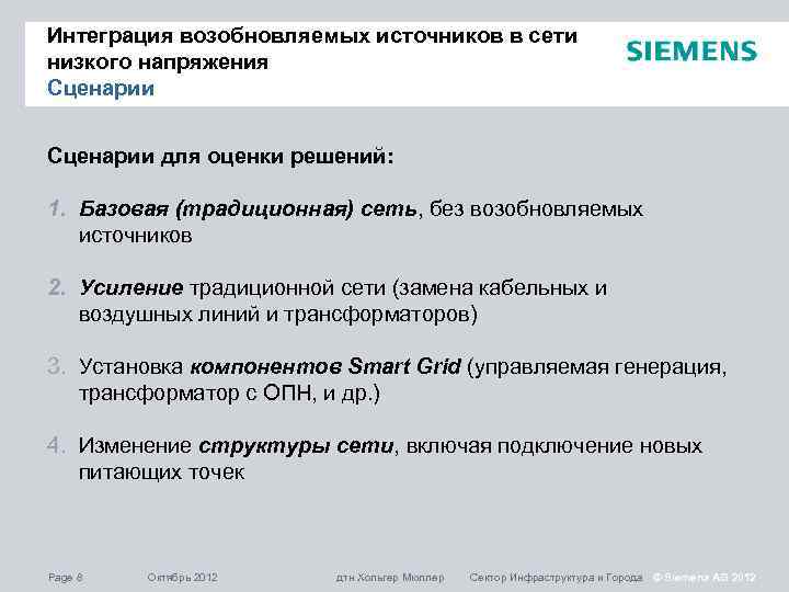 Интеграция возобновляемых источников в сети низкого напряжения Сценарии для оценки решений: 1. Базовая (традиционная)