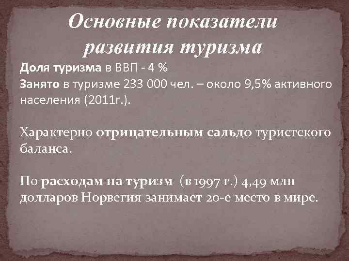 Основные показатели развития туризма Доля туризма в ВВП - 4 % Занято в туризме