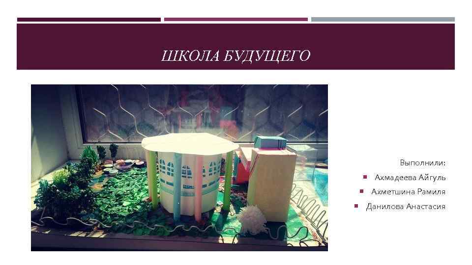 ШКОЛА БУДУЩЕГО Выполнили: Ахмадеева Айгуль Ахметшина Рамиля Данилова Анастасия 