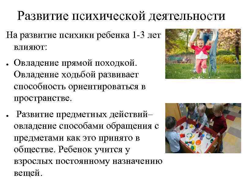 Развитие психической деятельности На развитие психики ребенка 1 -3 лет влияют: ● ● Овладение