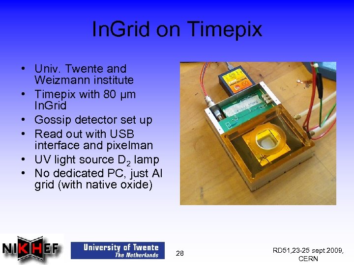 In. Grid on Timepix • Univ. Twente and Weizmann institute • Timepix with 80