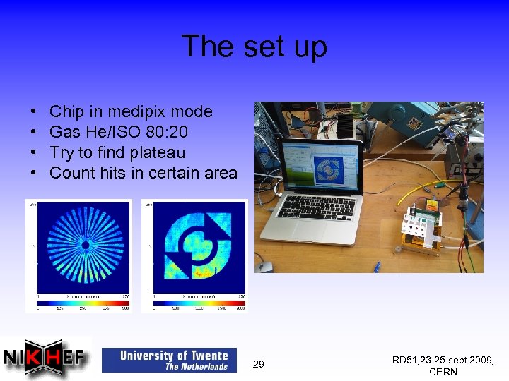 The set up • • Chip in medipix mode Gas He/ISO 80: 20 Try