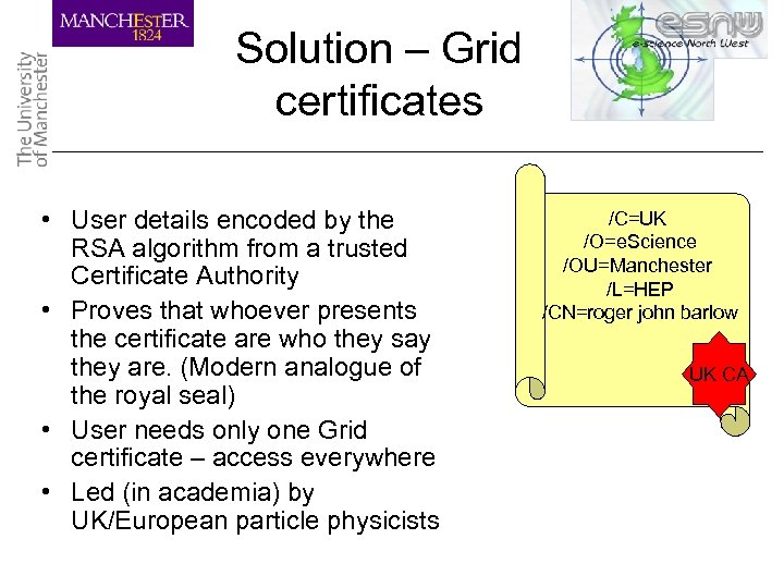 Solution – Grid certificates • User details encoded by the RSA algorithm from a