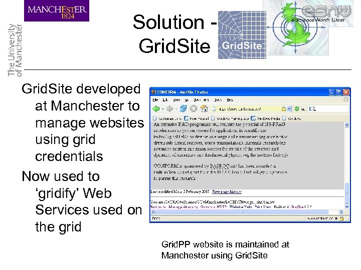 Solution Grid. Site developed at Manchester to manage websites using grid credentials Now used