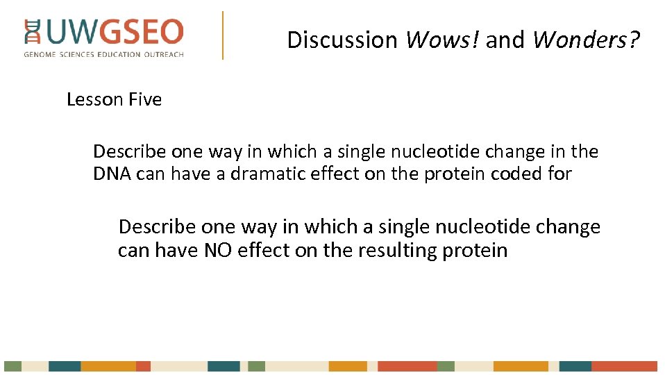 Discussion Wows! and Wonders? Lesson Five Describe one way in which a single nucleotide