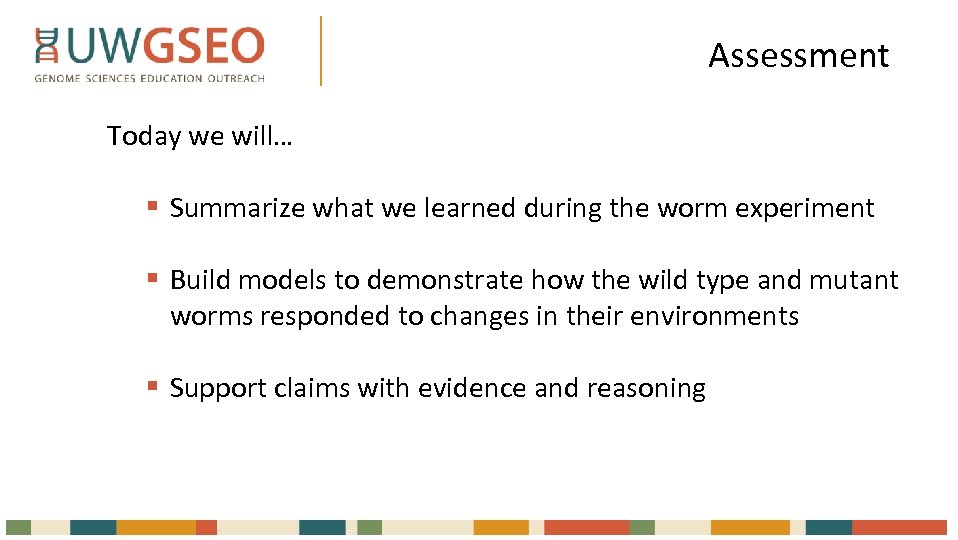 Assessment Today we will… § Summarize what we learned during the worm experiment §