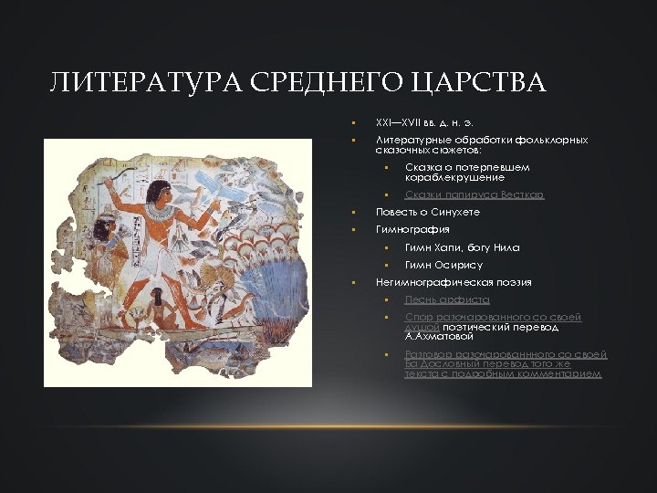 ЛИТЕРАТУРА СРЕДНЕГО ЦАРСТВА • XXI—XVII вв. д. н. э. • Литературные обработки фольклорных сказочных